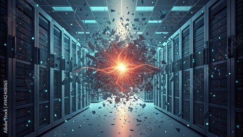 A powerful explosion of energy bursts in a server room, shattering glass and creating dramatic chaos among the computer racks.