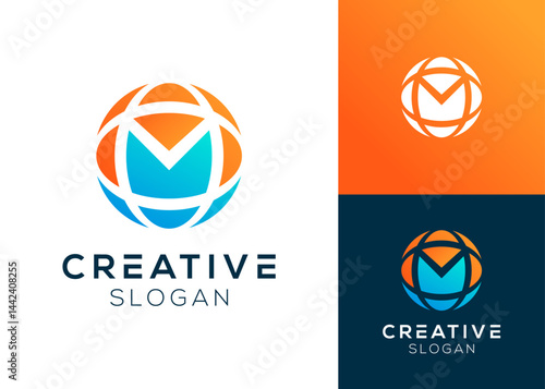 Letter M abstract with modern globe logo design for technology