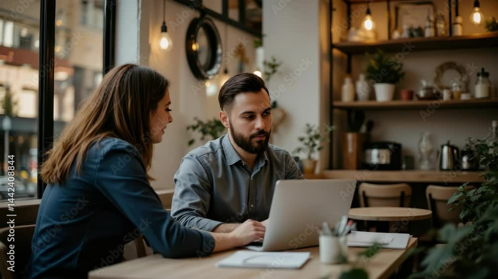 Two professionals collaborate on a project in a cozy cafe, surrounded by plants and warm lighting. Two professionals collaborate on a project in a cozy cafe, surrounded by plants and warm lighting.