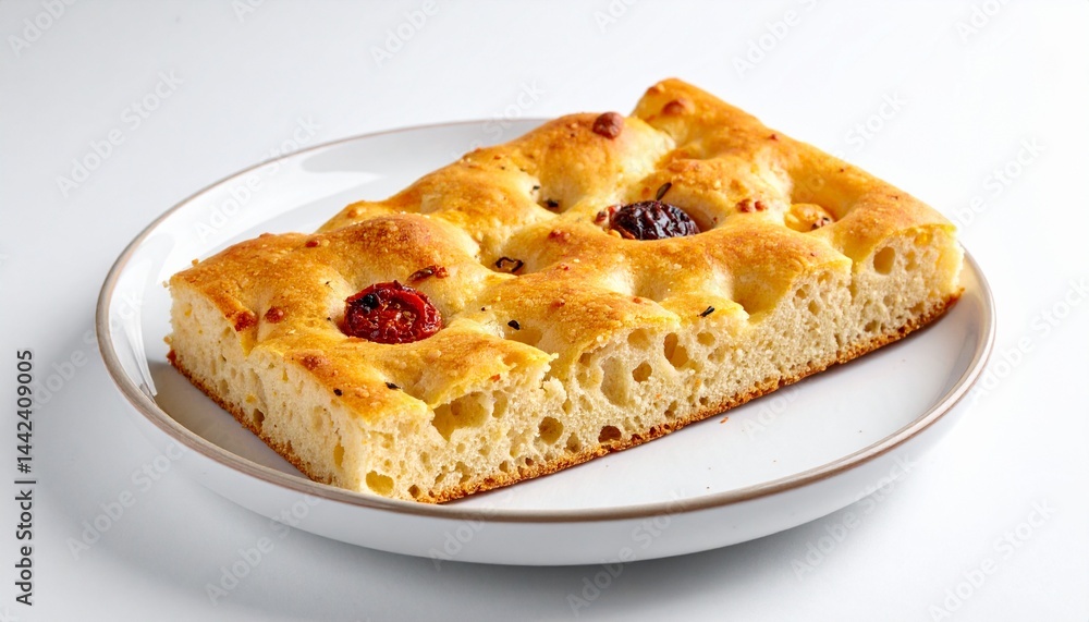 A delectable focaccia bread, freshly baked and served on a plate. Its golden crust and airy texture are truly inviting. A delectable focaccia bread, freshly baked and served on a plate. Its golden crust and airy texture are truly inviting.