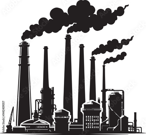 industrial chimneys with black smoke silhouette vector illustration