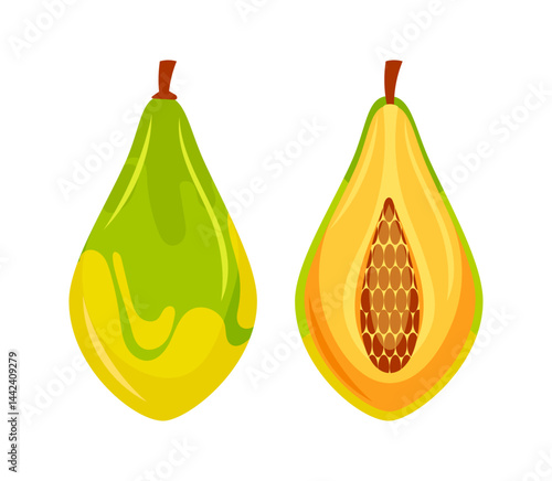 Whole and halved papaya showing its seeds and pulp