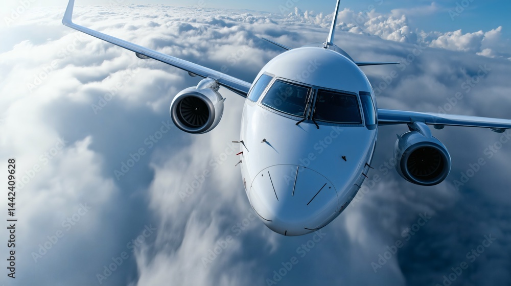 Jet airplane flying above the clouds, Front view aircraft in the sky, Concept for aviation, global travel or airline promotion visuals