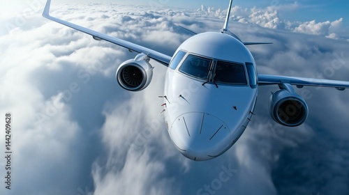 Obraz na płótnie Jet airplane flying above the clouds, Front view aircraft in the sky, Concept for aviation, global travel or airline promotion visuals w salonie