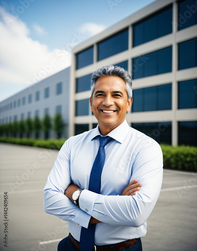 Computer-generated image of a male professional executive posing in front of a corporate building in an industrial park.