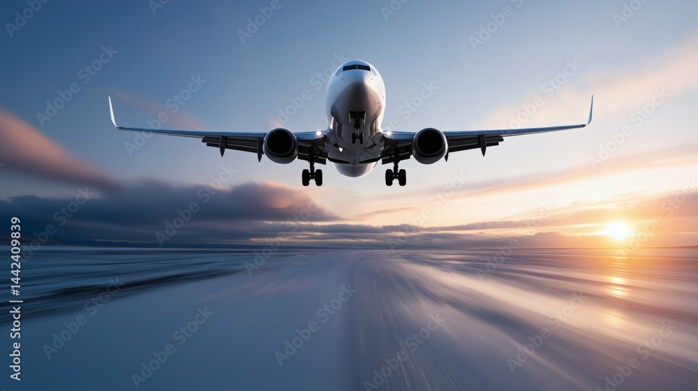 Plane landing on runway at sunset, Fast motion and dramatic light, Concept for speed, travel or modern transportation industry