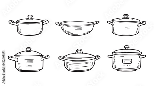 Cooking Pot Vector line art classic kitchen utensil in sketch