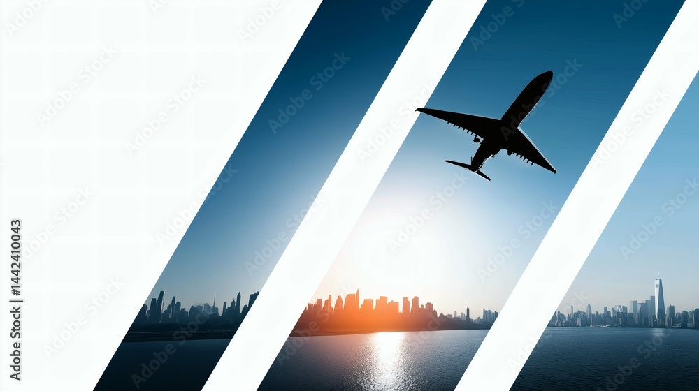 Silhouette of plane over modern skyline, Cityscape at sunset with graphic design, Concept for global travel, business or aviation branding
