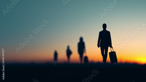 Obraz na płótnie Silhouetted travelers at sunrise with luggage, Businessman walking with suitcase, Concept image for journey, mobility or global commute w salonie