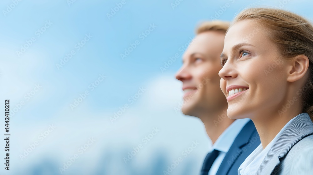 Smiling professionals looking to future, Business team optimistic about vision, Concept for success, teamwork or career goals visuals