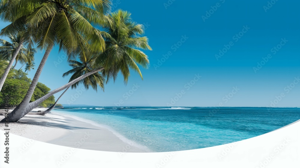 Tropical beach with leaning palm trees, White sand and turquoise sea view, Concept image for vacation, paradise or relaxation themes