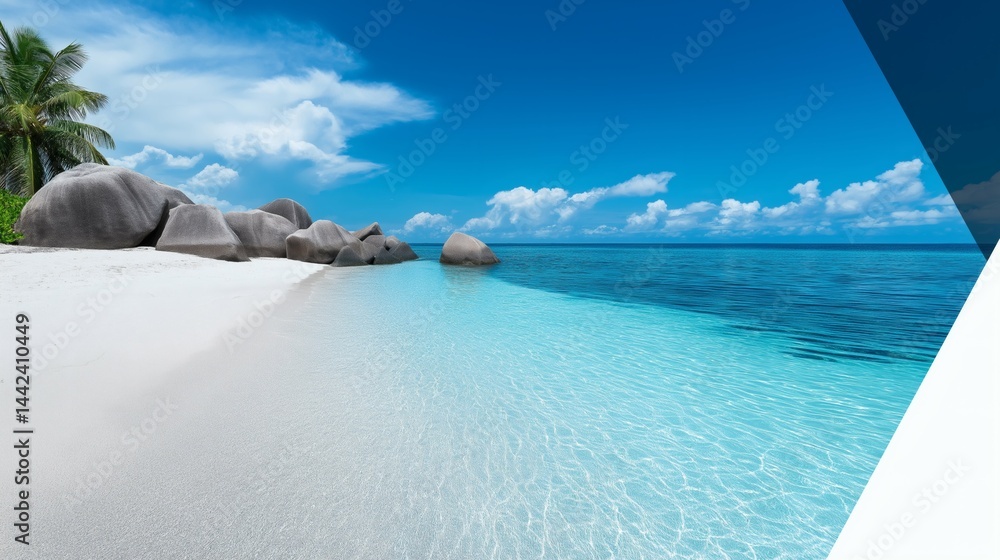Tropical beach with granite boulders, Clear water and blue sky background, Concept for travel posters or exotic resort promotion
