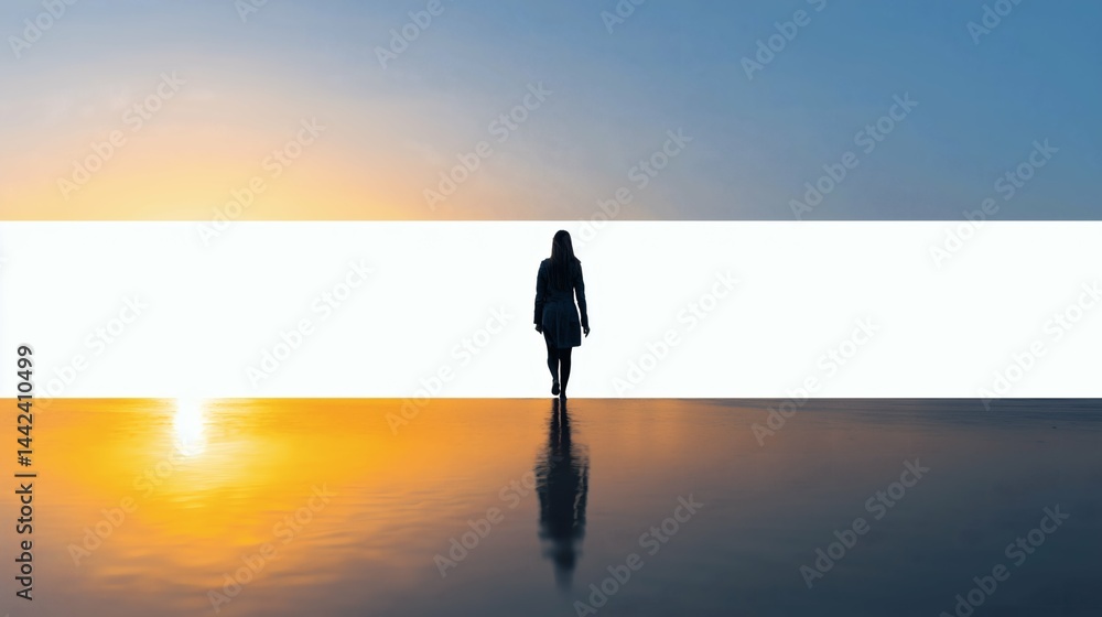 Woman walking at sunset with reflection, Creative overlay adds modern touch, Concept image for freedom, future or personal journey
