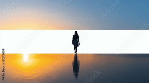 Obraz na płótnie Woman walking at sunset with reflection, Creative overlay adds modern touch, Concept image for freedom, future or personal journey w salonie