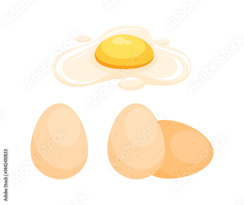 Fried egg and three whole eggs representing breakfast ingredients