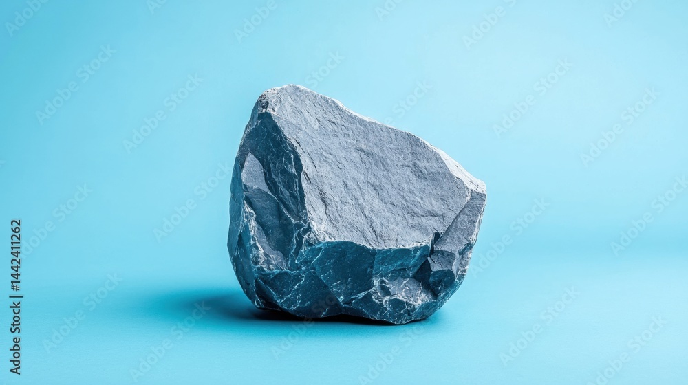 A gray rock sits on a blue background.