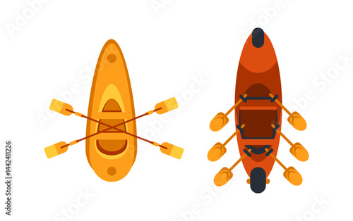 Kayaks and canoes seen from above with paddles ready for water sports