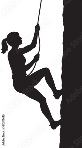 Black silhouette design of woman climb with a rope vector art illustration