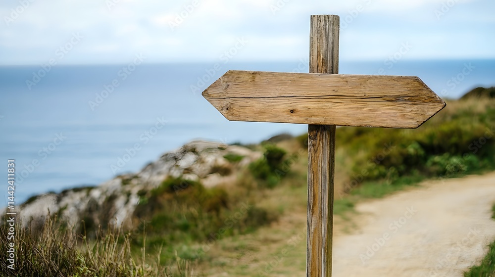 Wooden Signpost Coastal Path Ocean View Blank Direction Sign Wooden Signpost Coastal Path Ocean View Blank Direction Sign