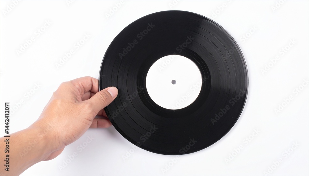 Fototapeta premium a person holding a vinyl record. The vinyl record appears in black, and it is a representation of music and audio entertainment
