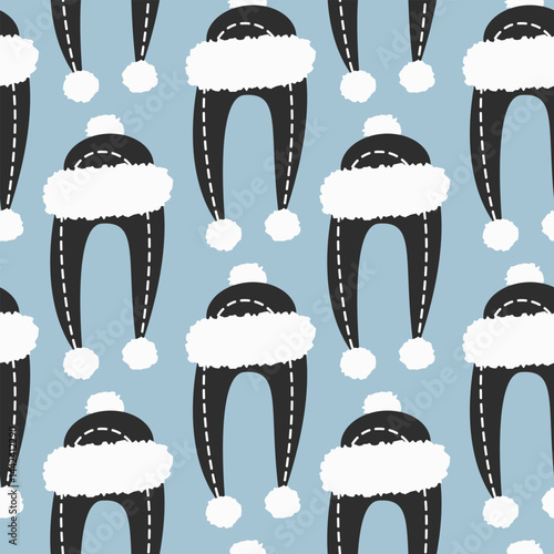 Warm Ear Flap Hat with fur, buboes and stitch Seamless Pattern Black and White on Blue Background