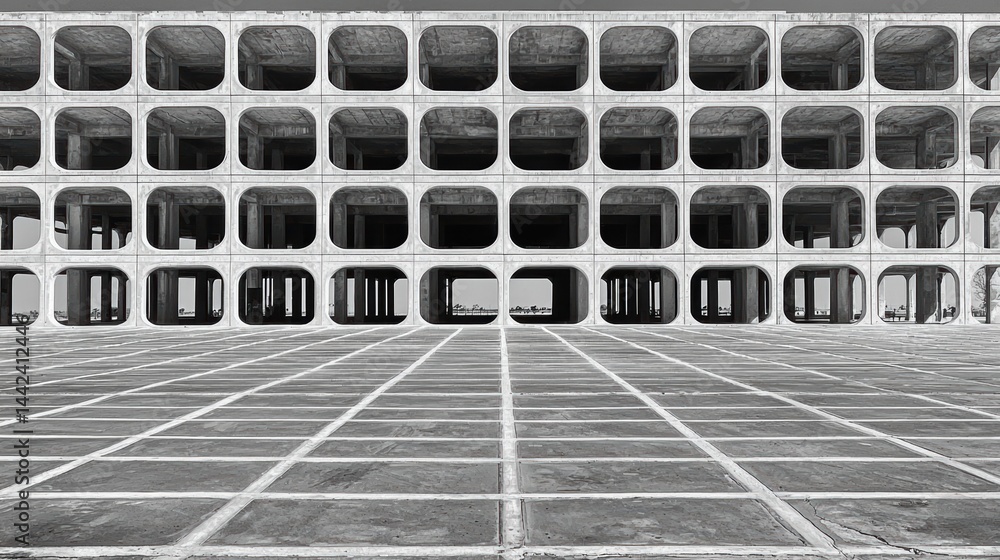 A black and white photo of a building with a grid pattern.