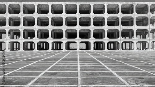 Obraz na płótnie A black and white photo of a building with a grid pattern. w salonie