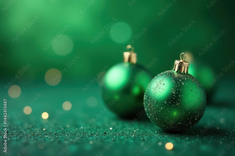 Deep emerald green, three frosted baubles, soft focus, shimmer, macro Deep emerald green, three frosted baubles, soft focus, shimmer, macro