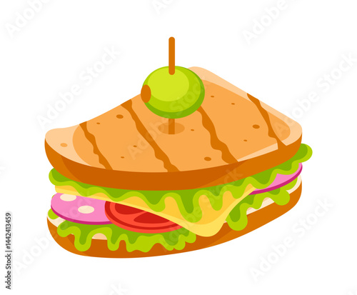 Sandwich with toasted bread, cheese, ham, tomato, lettuce and olive making a delicious meal