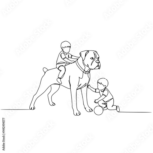 Boxer dog playing with children - line drawing on transparent background  