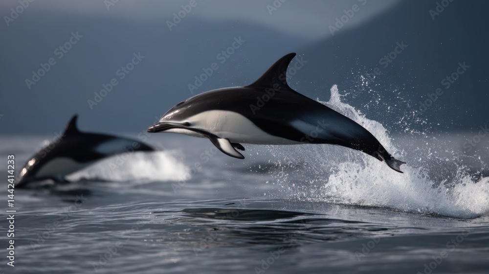Fototapeta premium Leaping Dolphins: A Dance on the Waves