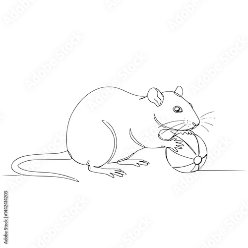 Line Drawing of a Rat Playing with a Ball on Transparent Background  