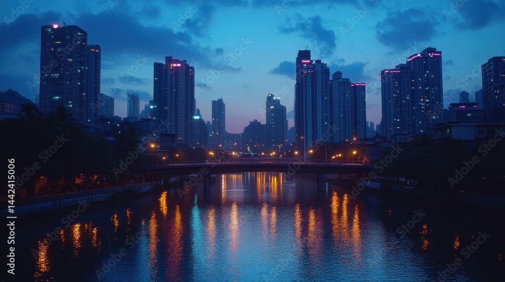 Naklejka premium City skyline reflecting its lights upon the water at dusk
