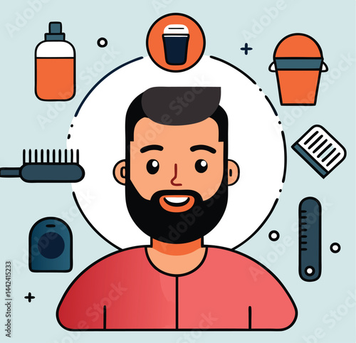 Smiling Caucasian man portrait surrounded by grooming essentials is showcasing self care products
