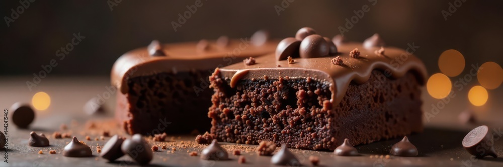 Rich chocolate cake, dreamy bokeh, soft focus, chocolate chips scattered, visual, macro, bokeh