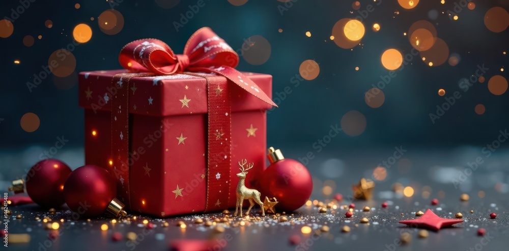 Realistic xmas gift box with baubles, gold confetti & deer silhouette, neon lights, winter wonderland, elegant, illustration