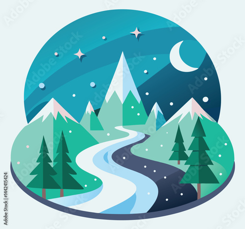 Serene nighttime mountain landscape showcases river, evergreens, snowcapped peaks, moon, and stars within a circular frame