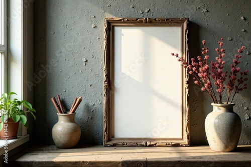 Obraz na płótnie Rustic wooden frames, aged canvas Vintage art supplies , rustic, vintage, creative w salonie