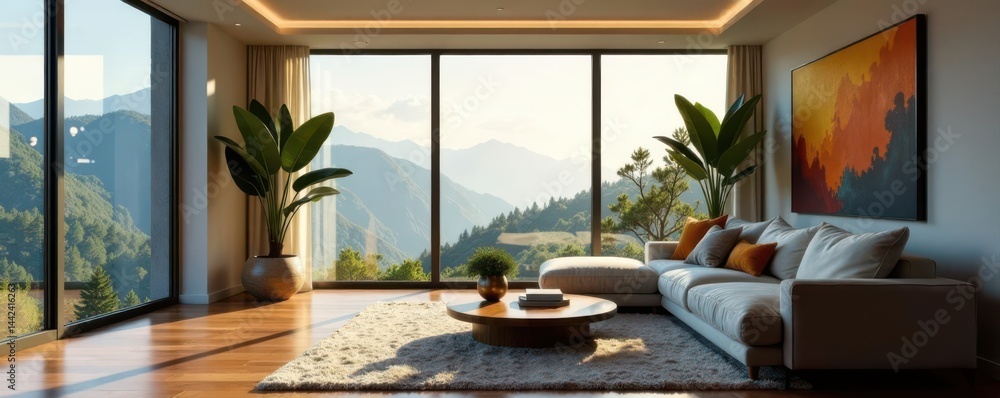 Spacious living room, panoramic view, comfy sofa against wall, sitting, living room