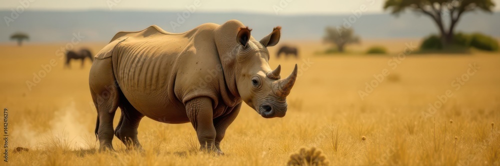 Solitary rhino, endangered African savanna mammal , wildlife, environment, horn