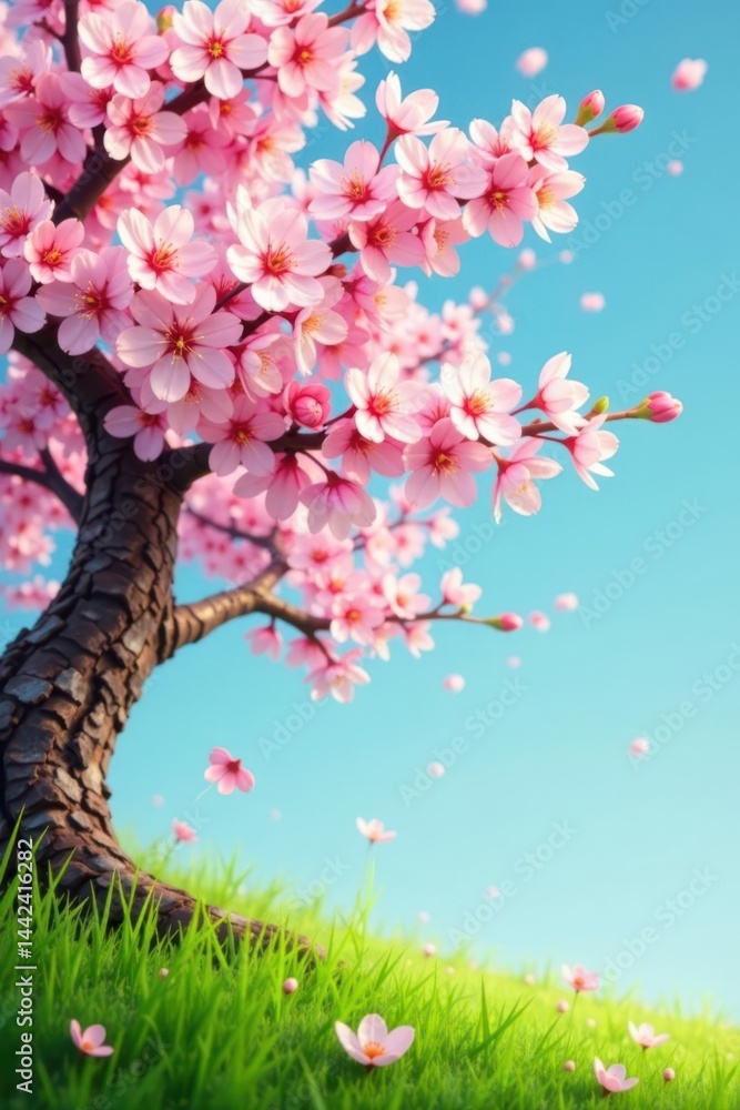 Soft pink blossoms on a tree, gentle breeze, green grass in foreground , branch, nature