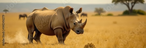 Obraz na płótnie Solitary rhino, endangered African savanna mammal , wildlife, environment, horn w salonie
