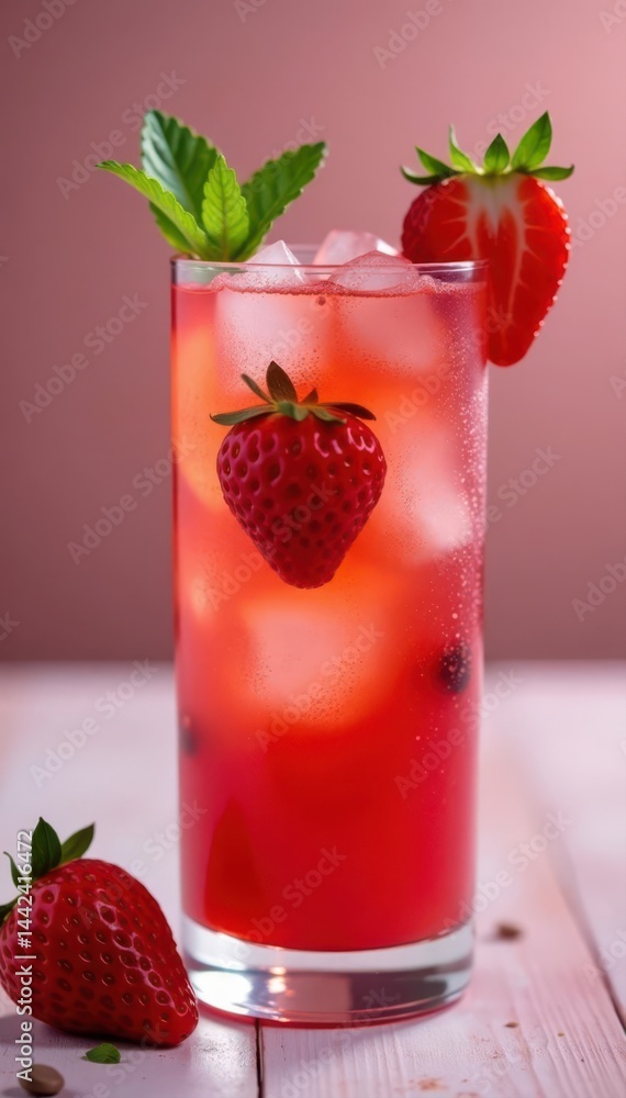 Strawberry mojito variation, vibrant red fruit , photography, alcohol