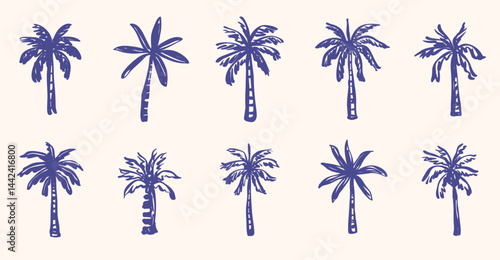 Set of Hand Drawn Palm Trees in Tropical Hawaii Island for Beach Summer Vacation Vintage Background Clip Art Vector