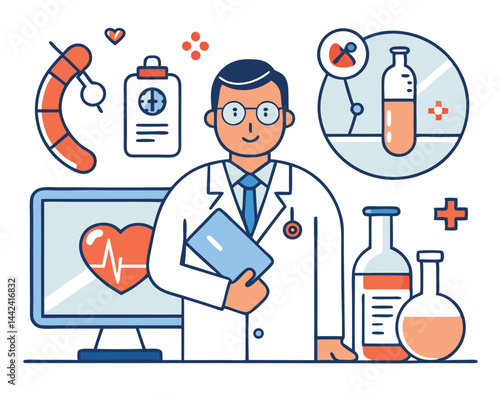 Smiling Asian doctor holds a patient file surrounded by medical tools in a flat design