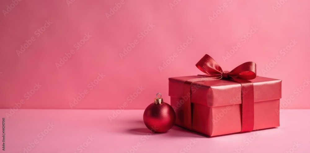 Wrapped present, Christmas decor, pink backdrop, shiny accents , happy, element