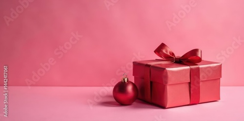 Obraz na płótnie Wrapped present, Christmas decor, pink backdrop, shiny accents , happy, element w salonie
