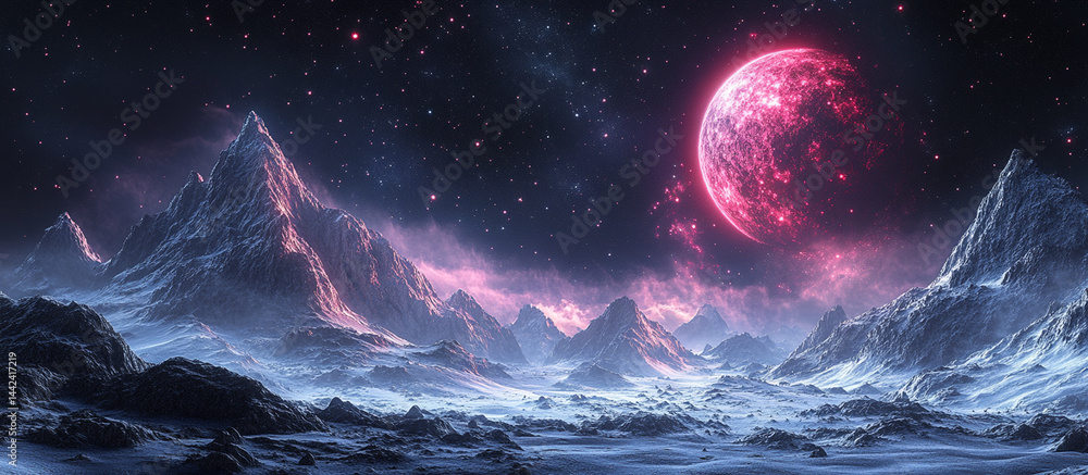 Fototapeta premium Frozen alien landscape with a crimson moon.
