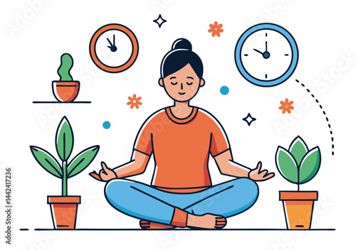 Serene Asian woman meditates peacefully amidst stylized plants and floating shapes on transparent background