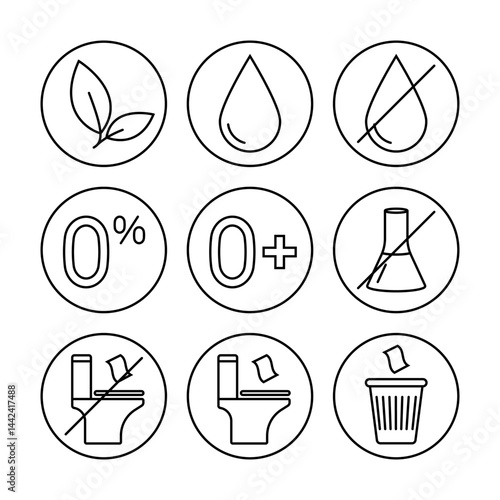 Informative line icons editable stroke for wet wipes packaging designed to clearly communicate essential product features child-safe alcohol-free not throw in toilet